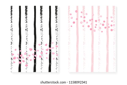 Pink glitter dots with sequins. Wedding and bridal shower invitation cards set with confetti. Vertical stripes background. Fashion pink glitter dots for party, event, save the date flyer.