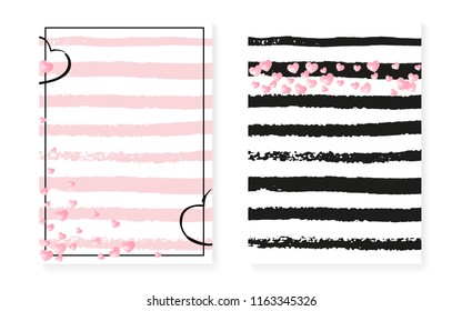 Pink glitter dots with sequins. Wedding and bridal shower invitation cards set with confetti. Vertical stripes background. Vintage pink glitter dots for party, event, save the date flyer.