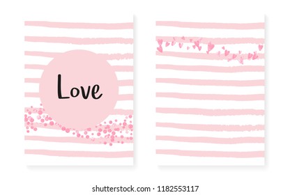 Pink glitter dots with sequins. Wedding and bridal shower invitation cards set with confetti. Vertical stripes background. Fashion pink glitter dots for party, event, save the date flyer.