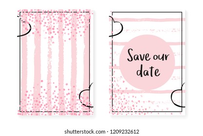 Pink glitter dots with sequins. Wedding and bridal shower invitation cards set with confetti. Vertical stripes background. Luxury pink glitter dots for party, event, save the date flyer.
