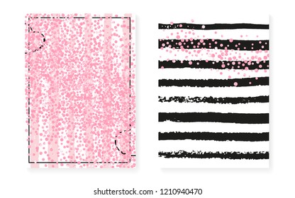 Pink glitter dots with sequins. Wedding and bridal shower invitation cards set with confetti. Vertical stripes background. Stylish pink glitter dots for party, event, save the date flyer.