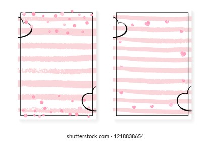 Pink glitter dots with sequins. Wedding and bridal shower invitation cards set with confetti. Vertical stripes background. Hipster pink glitter dots for party, event, save the date flyer.