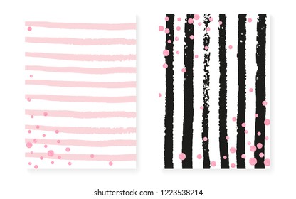 Pink glitter dots with sequins. Wedding and bridal shower invitation cards set with confetti. Vertical stripes background. Elegant pink glitter dots for party, event, save the date flyer.