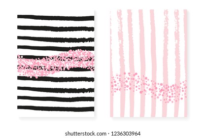 Pink glitter dots with sequins. Wedding and bridal shower invitation cards set with confetti. Vertical stripes background. Stylish pink glitter dots for party, event, save the date flyer.