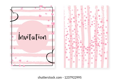 Pink glitter dots with sequins. Wedding and bridal shower invitation cards set with confetti. Vertical stripes background. Creative pink glitter dots for party, event, save the date flyer.