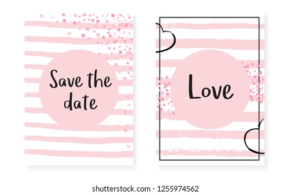 Pink glitter dots with sequins. Wedding and bridal shower invitation cards set with confetti. Vertical stripes background. Creative pink glitter dots for party, event, save the date flyer.