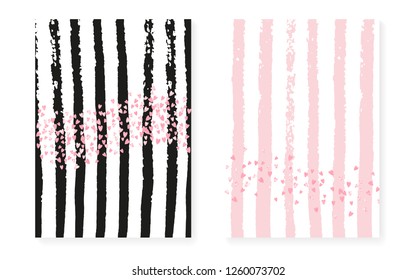 Pink glitter dots with sequins. Wedding and bridal shower invitation cards set with confetti. Vertical stripes background. Retro pink glitter dots for party, event, save the date flyer.