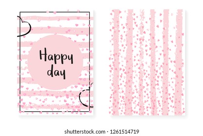 Pink glitter dots with sequins. Wedding and bridal shower invitation cards set with confetti. Vertical stripes background. Tender pink glitter dots for party, event, save the date flyer.