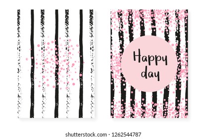 Pink glitter dots with sequins. Wedding and bridal shower invitation cards set with confetti. Vertical stripes background. Trendy pink glitter dots for party, event, save the date flyer.