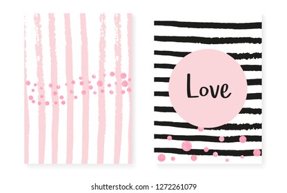 Pink glitter dots with sequins. Wedding and bridal shower invitation cards set with confetti. Vertical stripes background. Elegant pink glitter dots for party, event, save the date flyer.