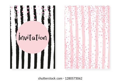 Pink glitter dots with sequins. Wedding and bridal shower invitation cards set with confetti. Vertical stripes background. Trendy pink glitter dots for party, event, save the date flyer.