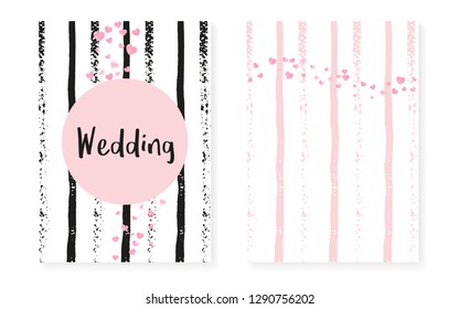 Pink glitter dots with sequins. Wedding and bridal shower invitation cards set with confetti. Vertical stripes background. Fashion pink glitter dots for party, event, save the date flyer.