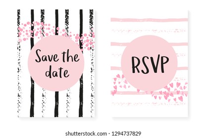 Pink glitter dots with sequins. Wedding and bridal shower invitation cards set with confetti. Vertical stripes background. Luxury pink glitter dots for party, event, save the date flyer.