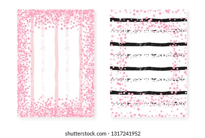 Pink glitter dots with sequins. Wedding and bridal shower invitation cards set with confetti. Vertical stripes background. Retro pink glitter dots for party, event, save the date flyer.