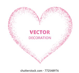 Pink glitter heart frame, border. Vector dust isolated on white. Great for decoration of Valentine and Mothers day cards, wedding invitations, party posters and flyers