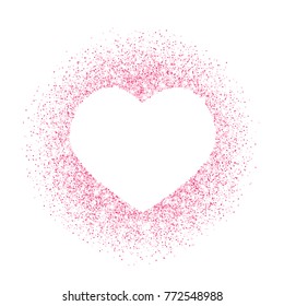 Pink glitter heart frame, border. Vector dust isolated on white. Great for decoration of Valentine and Mothers day cards, wedding invitations, party posters and flyers