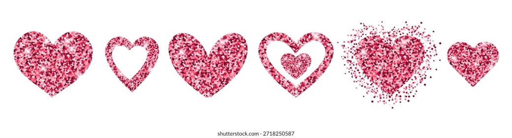 Rosa Glitter-Herzform einzeln auf transparentem Hintergrund. Glitzernde glitzernde Liebeselemente. Realistische Luxusdekoration für den Valentinstag. Vektorgrafik
