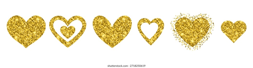 Pink Glitter Heart Shape set isolated on transparent background. Glistering sparkle love elements. Realistic luxury decoration for Valentine's Day. Vector illustration