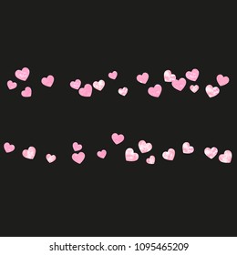 Pink glitter hearts confetti on isolated backdrop. Falling sequins with metallic shimmer. Template with pink glitter hearts for party invitation, banner, greeting card, bridal shower.