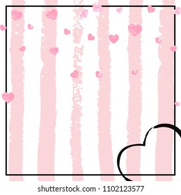 Pink glitter hearts confetti  on white stripes. Shiny random sequins with metallic sparkles. Design with pink glitter hearts for party invitation, event banner, flyer, birthday card.