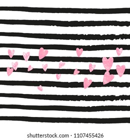 Pink glitter hearts confetti  on black stripes. Shiny random sequins with metallic sparkles. Design with pink glitter hearts for party invitation, bridal shower and save the date invite.