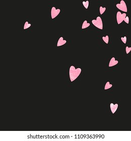 Pink glitter hearts confetti on isolated backdrop. Sequins with metallic shimmer and sparkles. Template with pink glitter hearts for greeting card, bridal shower and save the date invite.