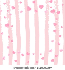 Pink glitter hearts confetti  on white stripes. Falling sequins with metallic shimmer. Design with pink glitter hearts for party invitation, event banner, flyer, birthday card.