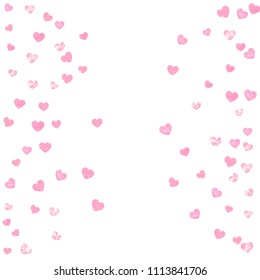 Pink glitter hearts confetti on isolated backdrop. Falling sequins with shimmer and sparkles. Template with pink glitter hearts for party invitation, bridal shower and save the date invite.