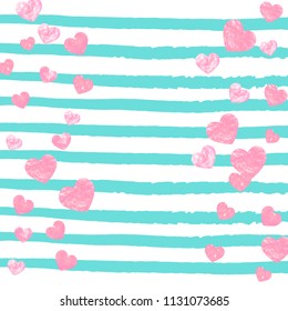 Pink glitter hearts confetti  on turquoise stripes. Falling sequins with shimmer and sparkles. Design with pink glitter hearts for greeting card, bridal shower and save the date invite.