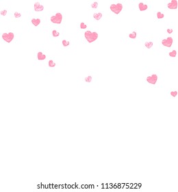 Pink glitter hearts confetti on isolated backdrop. Falling sequins with shimmer and sparkles. Template with pink glitter hearts for greeting card, bridal shower and save the date invite.