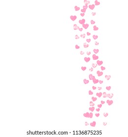 Pink glitter hearts confetti on isolated backdrop. Shiny falling sequins with shimmer and sparkles. Design with pink glitter hearts for party invitation, banner, greeting card, bridal shower.