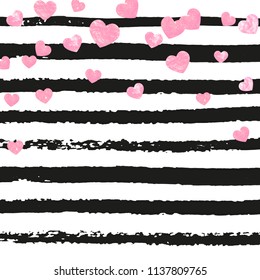 Pink glitter hearts confetti  on black stripes. Falling sequins with glossy sparkles. Template with pink glitter hearts for party invitation, event banner, flyer, birthday card.