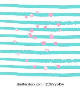 Pink glitter hearts confetti  on turquoise stripes. Falling sequins with metallic shimmer. Design with pink glitter hearts for party invitation, event banner, flyer, birthday card.