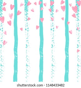 Pink glitter hearts confetti  on turquoise stripes. Falling sequins with glossy sparkles. Template with pink glitter hearts for party invitation, event banner, flyer, birthday card.