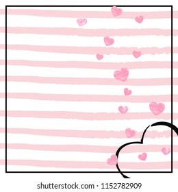Pink glitter hearts confetti  on white stripes. Random falling sequins with metallic shimmer. Design with pink glitter hearts for greeting card, bridal shower and save the date invite.