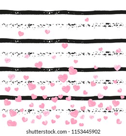 Pink glitter hearts confetti  on black stripes. Shiny random sequins with metallic sparkles. Template with pink glitter hearts for party invitation, event banner, flyer, birthday card.