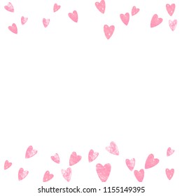 Pink glitter hearts confetti on isolated backdrop. Random falling sequins with glossy sparkles. Design with pink glitter hearts for party invitation, event banner, flyer, birthday card.