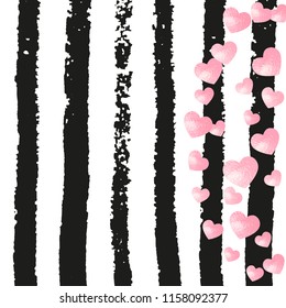 Pink glitter hearts confetti  on black stripes. Shiny random falling sequins with sparkles. Design with pink glitter hearts for party invitation, event banner, flyer, birthday card.