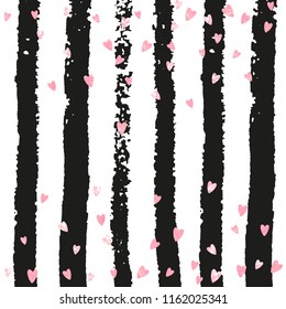 Pink glitter hearts confetti  on black stripes. Shiny random falling sequins with sparkles. Design with pink glitter hearts for party invitation, bridal shower and save the date invite.