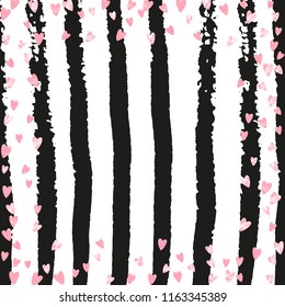 Pink glitter hearts confetti  on black stripes. Shiny random falling sequins with sparkles. Template with pink glitter hearts for greeting card, bridal shower and save the date invite.