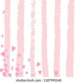 Pink glitter hearts confetti  on white stripes. Falling sequins with metallic shimmer. Design with pink glitter hearts for party invitation, bridal shower and save the date invite.