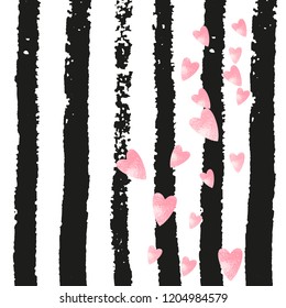 Pink glitter hearts confetti  on black stripes. Shiny falling sequins with shimmer and sparkles. Design with pink glitter hearts for greeting card, bridal shower and save the date invite.