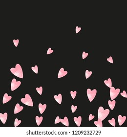 Pink glitter hearts confetti on isolated backdrop. Falling sequins with glossy sparkles. Template with pink glitter hearts for party invitation, bridal shower and save the date invite.