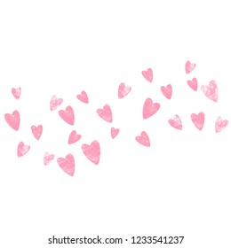 Pink glitter hearts confetti on isolated backdrop. Random falling sequins with glossy sparkles. Design with pink glitter hearts for party invitation, event banner, flyer, birthday card.