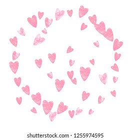 Pink glitter hearts confetti on isolated backdrop. Falling sequins with shimmer and sparkles. Design with pink glitter hearts for party invitation, event banner, flyer, birthday card.
