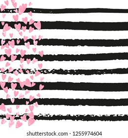 Pink glitter hearts confetti  on black stripes. Random falling sequins with metallic shimmer. Design with pink glitter hearts for party invitation, bridal shower and save the date invite.