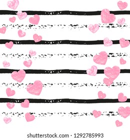 Pink glitter hearts confetti  on black stripes. Falling sequins with metallic shimmer. Design with pink glitter hearts for party invitation, bridal shower and save the date invite.