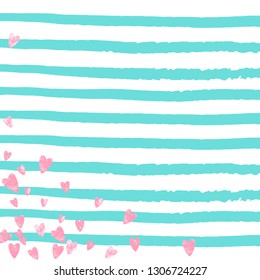 Pink glitter hearts confetti  on turquoise stripes. Sequins with metallic shimmer and sparkles. Design with pink glitter hearts for party invitation, banner, greeting card, bridal shower.