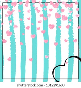 Pink glitter hearts confetti  on turquoise stripes. Falling sequins with glossy sparkles. Template with pink glitter hearts for greeting card, bridal shower and save the date invite.