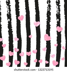 Pink glitter hearts confetti  on black stripes. Falling sequins with shimmer and sparkles. Design with pink glitter hearts for party invitation, bridal shower and save the date invite.